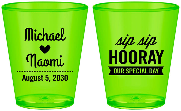 Custom Wedding Plastic Shot Glasses - Sip Sip Hooray | 437