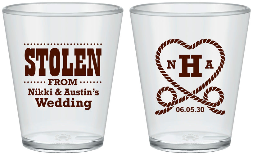 Custom Wedding Plastic Shot Glasses - Stolen Monogram | 474