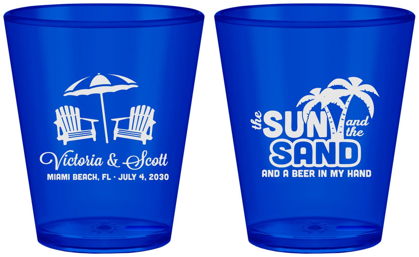 Custom Wedding Plastic Shot Glasses - Sun Sand Drink In My Hand | 479