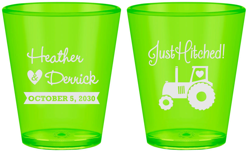 Custom Wedding Plastic Shot Glasses - Just Hitched Tractor | 482
