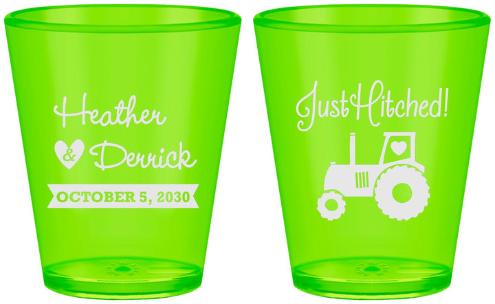 Custom Wedding Plastic Shot Glasses - Just Hitched Tractor | 482