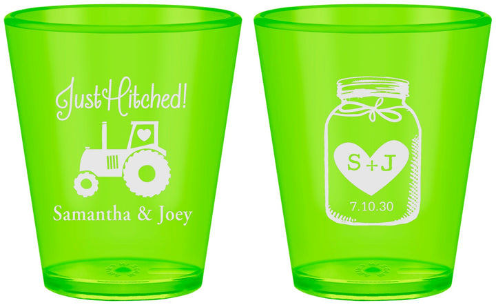 Custom Wedding Plastic Shot Glasses - Just Hitched Mason Jar | 483