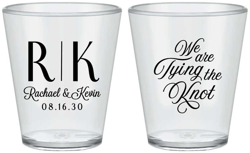 Custom Wedding Plastic Shot Glasses - Monogram Tying Knot | 559