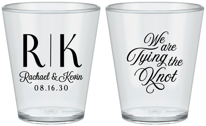 Custom Wedding Plastic Shot Glasses - Monogram Tying Knot | 559