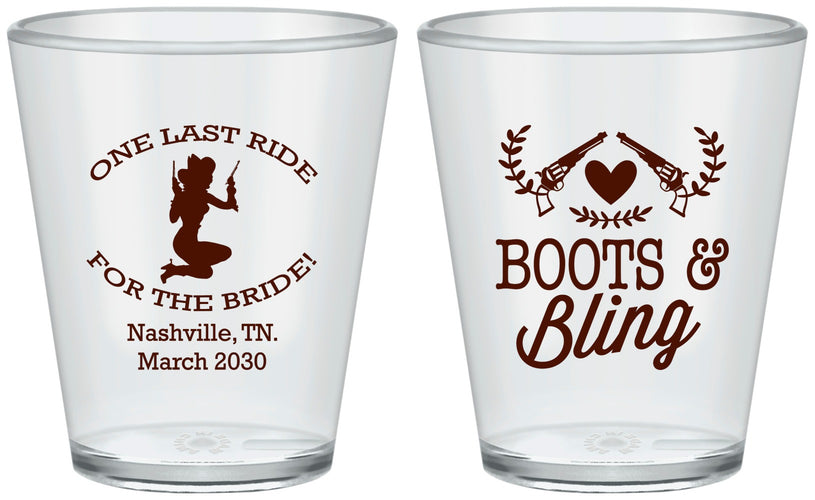 Custom Bachelorette Plastic Shot Glasses - One Last Ride | 60024