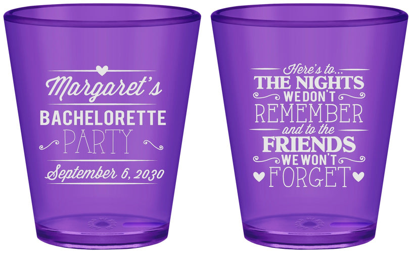 Custom Bachelorette Plastic Shot Glasses - Nights Remember | 60034