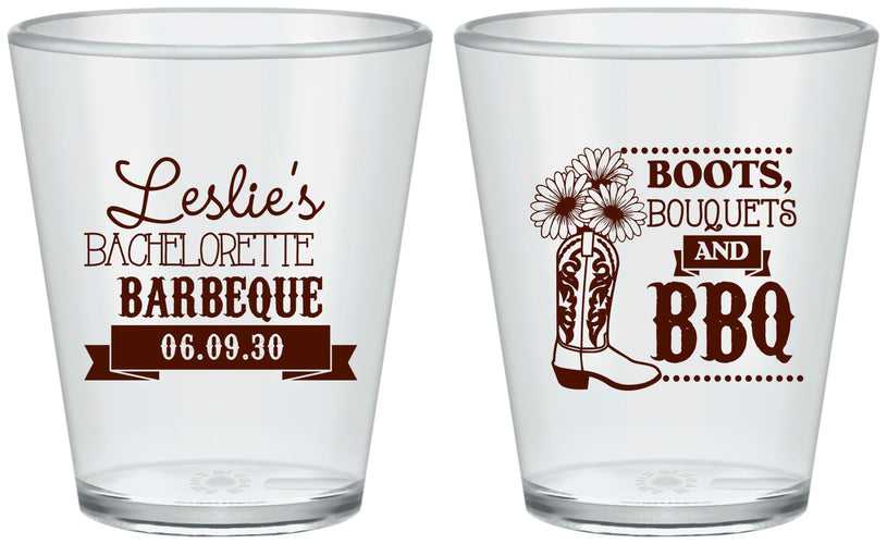 Custom Bachelorette Plastic Shot Glasses - Boots Bouquets Bbq | 60035