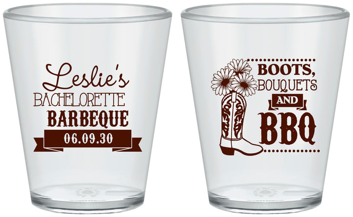 Custom Bachelorette Plastic Shot Glasses - Boots Bouquets Bbq | 60035