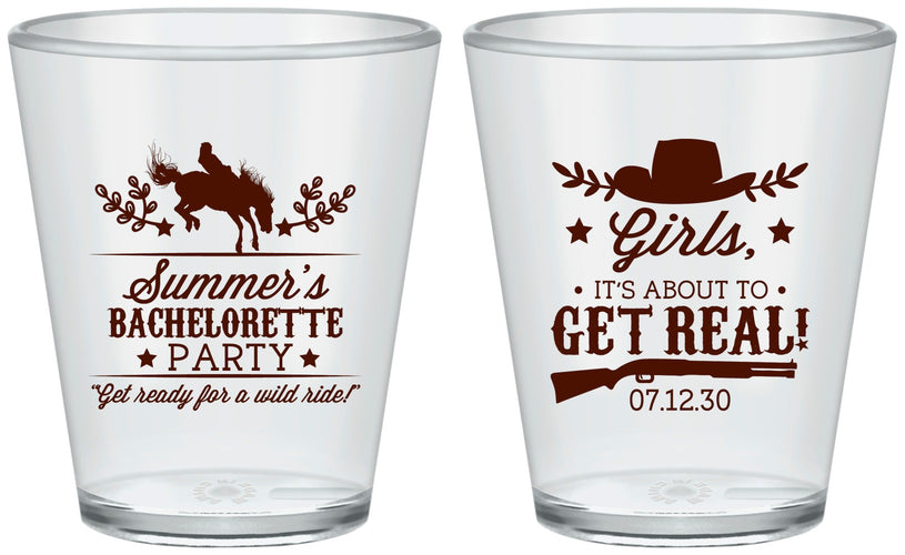 Custom Bachelorette Plastic Shot Glasses - Its About To Get Real | 60043