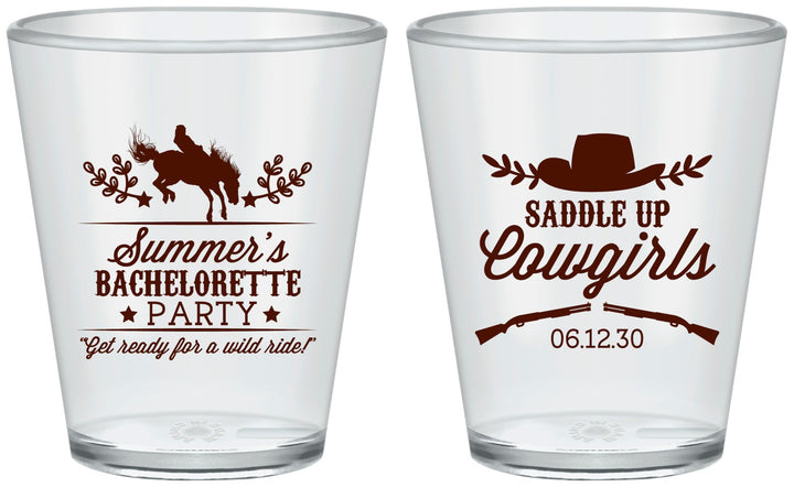 Custom Bachelorette Plastic Shot Glasses - Saddle Up Cowgirls | 60045