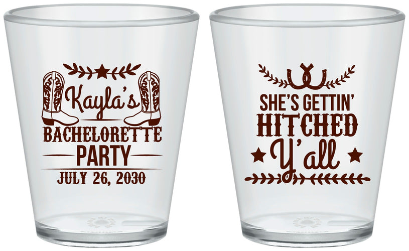Custom Bachelorette Plastic Shot Glasses - Getting Hitched Yall | 60047