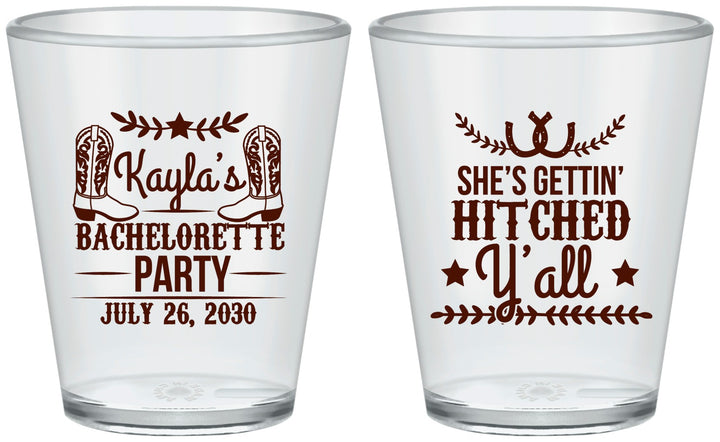 Custom Bachelorette Plastic Shot Glasses - Getting Hitched Yall | 60047
