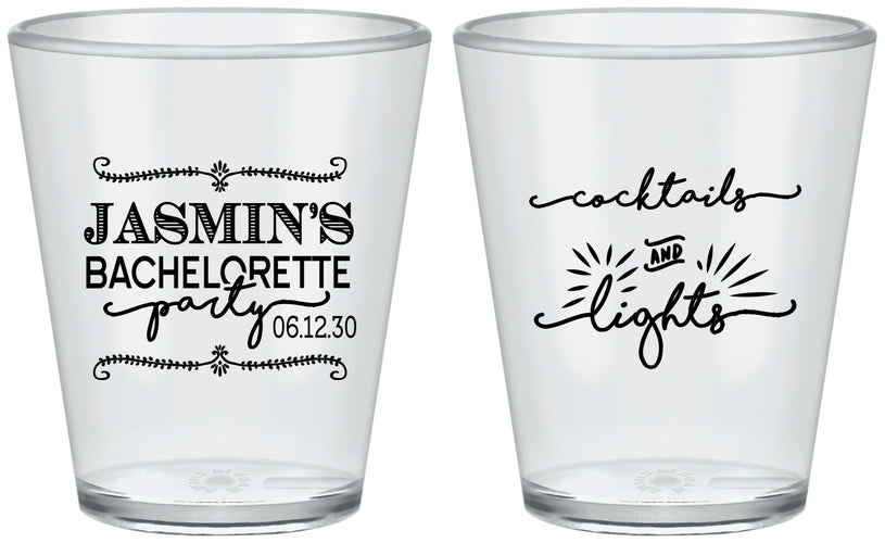 Custom Bachelorette Plastic Shot Glasses - Cocktails And Lights | 60065
