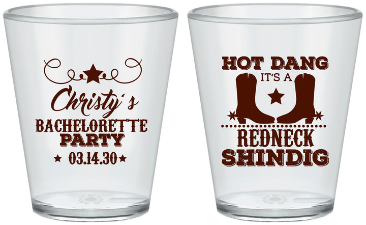 Custom Bachelorette Plastic Shot Glasses - Redneck Shindig | 60100