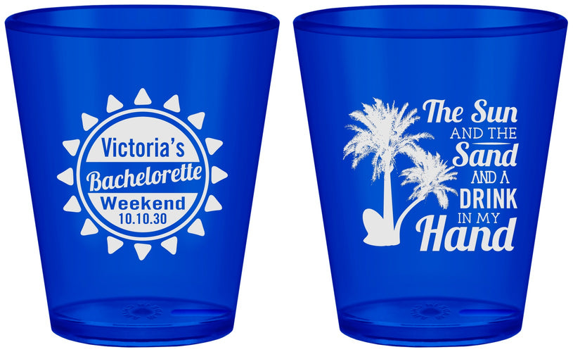 Custom Bachelorette Plastic Shot Glasses - Sun Sand Drink Hand | 60114