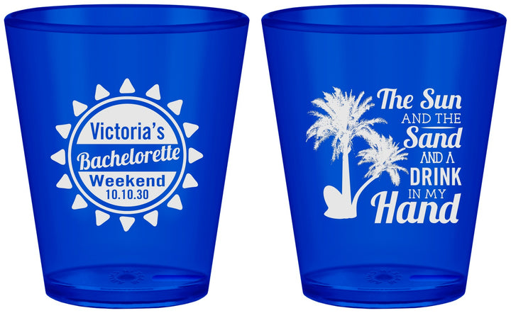 Custom Bachelorette Plastic Shot Glasses - Sun Sand Drink Hand | 60114