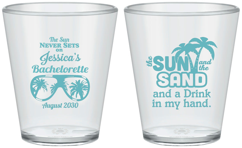 Custom Bachelorette Plastic Shot Glasses - Sun Sand Drink Hand | 60134