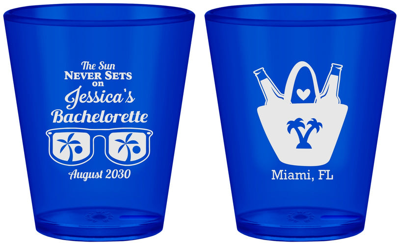 Custom Bachelorette Plastic Shot Glasses - Beach Sun Never Sets | 60136