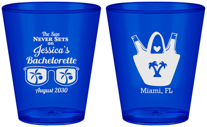 Custom Bachelorette Plastic Shot Glasses - Beach Sun Never Sets | 60136