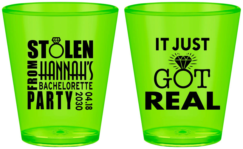Custom Bachelorette Plastic Shot Glasses - Just Got Real | 60141