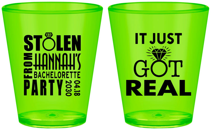 Custom Bachelorette Plastic Shot Glasses - Just Got Real | 60141