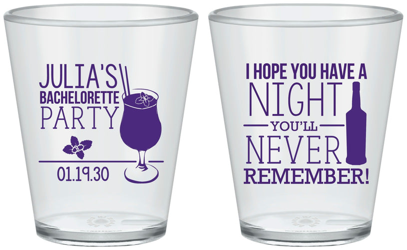 Custom Bachelorette Plastic Shot Glasses - Night Never Remember | 60160
