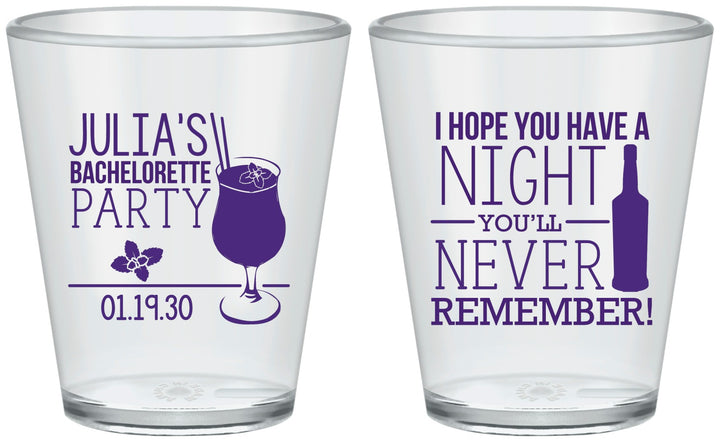 Custom Bachelorette Plastic Shot Glasses - Night Never Remember | 60160