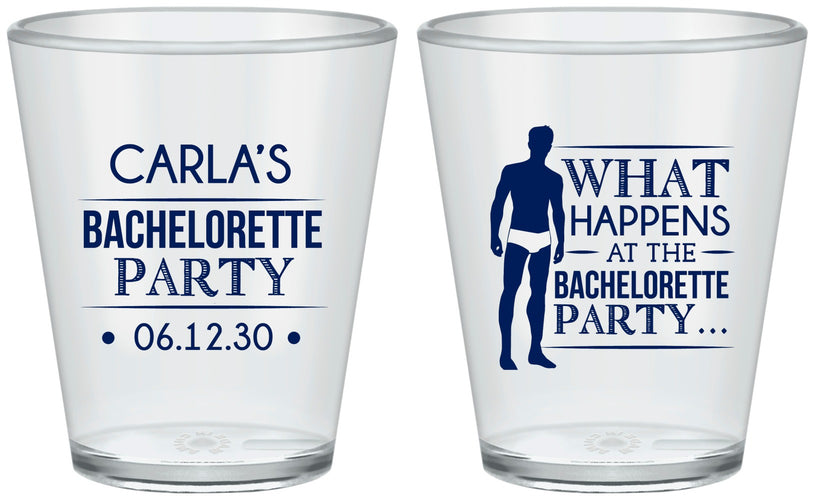 Custom Bachelorette Plastic Shot Glasses - What Happens | 60172