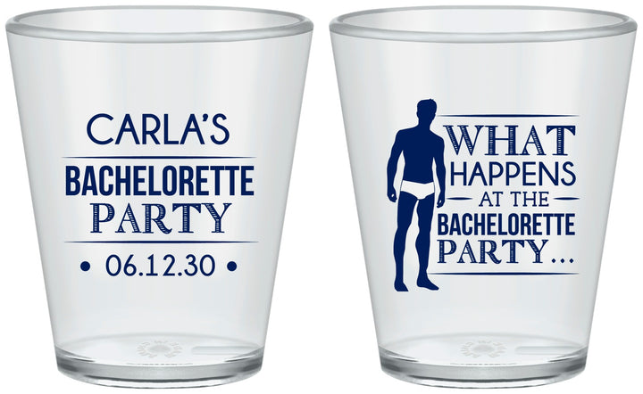 Custom Bachelorette Plastic Shot Glasses - What Happens | 60172
