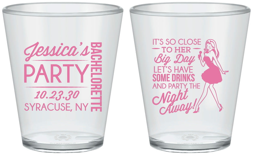 Custom Bachelorette Plastic Shot Glasses - Drink The Night Away | 60182