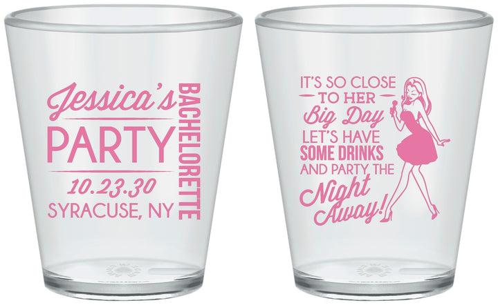 Custom Bachelorette Plastic Shot Glasses - Drink The Night Away | 60182
