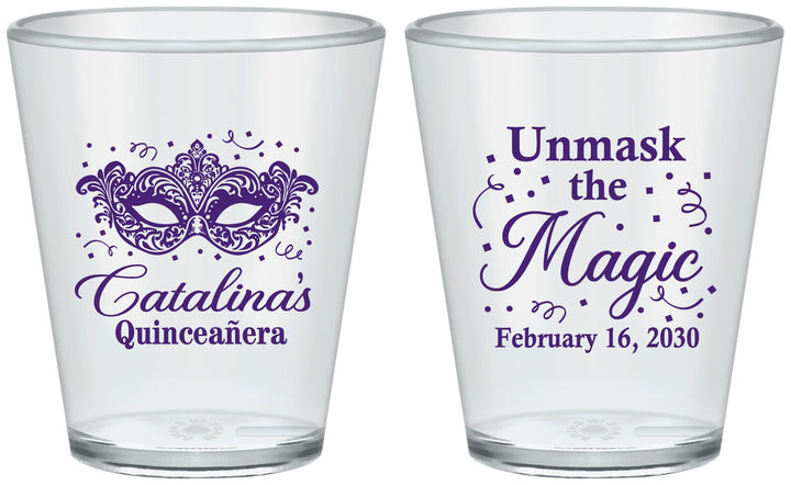 Custom Quinceanera Plastic Shot Glasses - Mardi Gras Quince | 70010