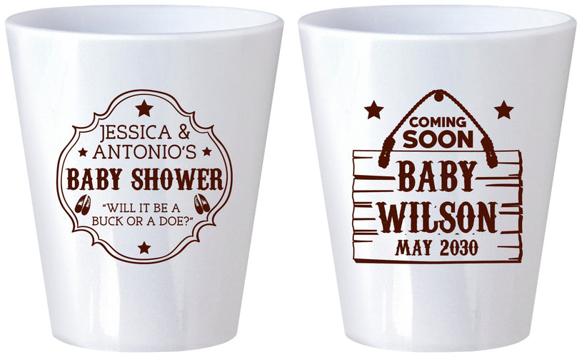 Custom Baby Shower Plastic Shot Glasses - Gender Reveal Buck Or Doe | 90002