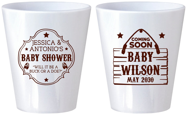 Custom Baby Shower Plastic Shot Glasses - Gender Reveal Buck Or Doe | 90002