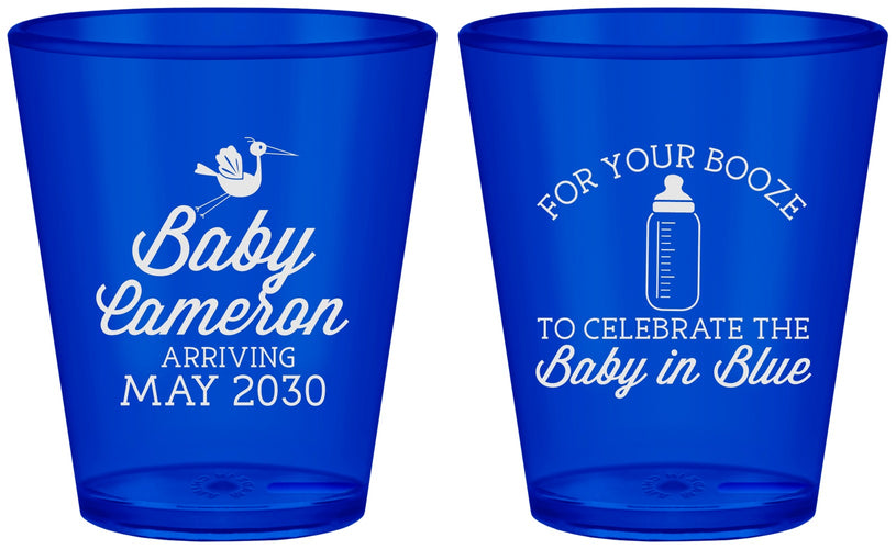 Custom Baby Shower Plastic Shot Glasses - Booze Baby In Blue | 90015