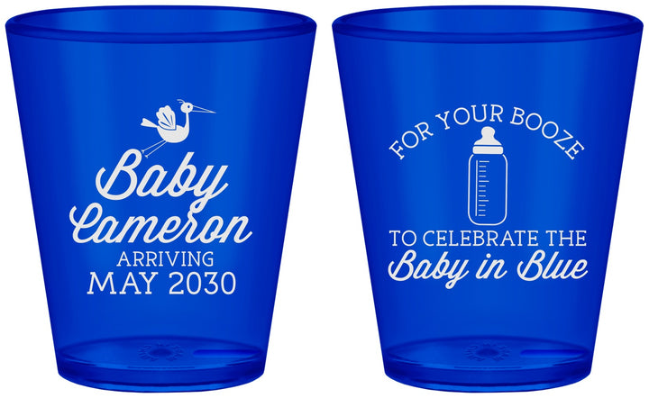Custom Baby Shower Plastic Shot Glasses - Booze Baby In Blue | 90015