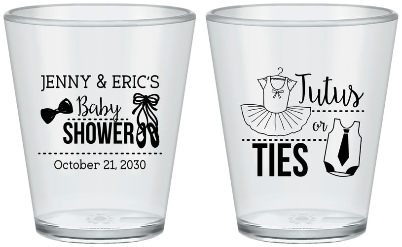 Custom Baby Shower Plastic Shot Glasses - Gender Reveal Tutus Or Ties | 90033