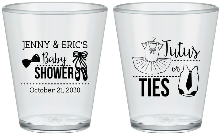 Custom Baby Shower Plastic Shot Glasses - Gender Reveal Tutus Or Ties | 90033
