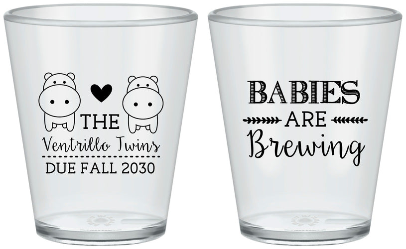 Custom Baby Shower Plastic Shot Glasses - Twins Baby Hippos | 90069