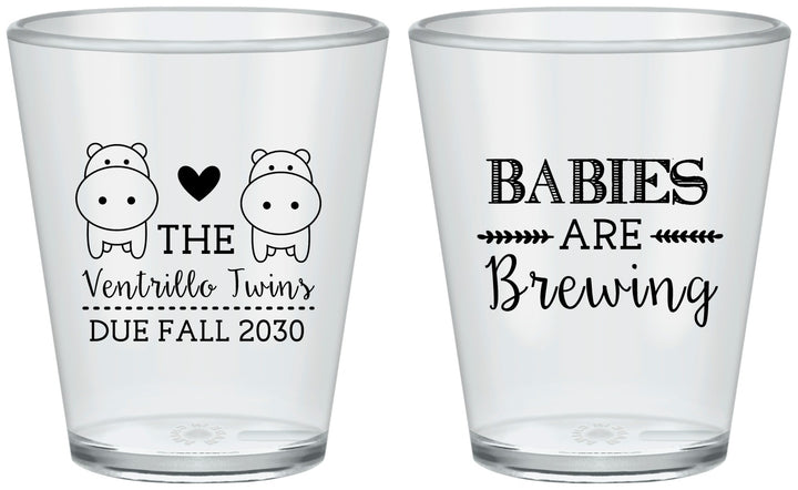 Custom Baby Shower Plastic Shot Glasses - Twins Baby Hippos | 90069