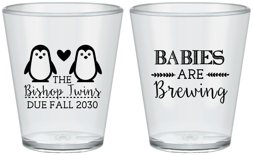 Custom Baby Shower Plastic Shot Glasses - Twins Baby Penguins | 90070