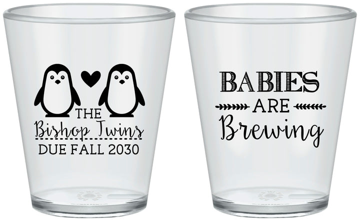 Custom Baby Shower Plastic Shot Glasses - Twins Baby Penguins | 90070