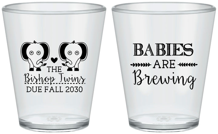 Custom Baby Shower Plastic Shot Glasses - Twins Baby Elephant | 90071