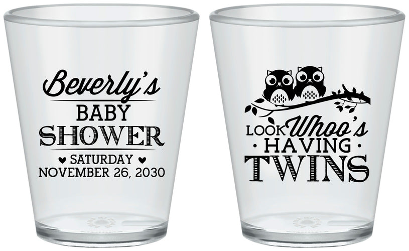 Custom Baby Shower Plastic Shot Glasses - Twins Baby Owls | 90074