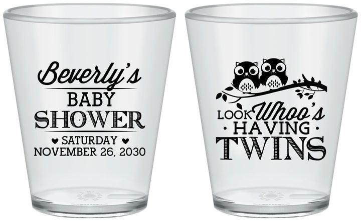 Custom Baby Shower Plastic Shot Glasses - Twins Baby Owls | 90074