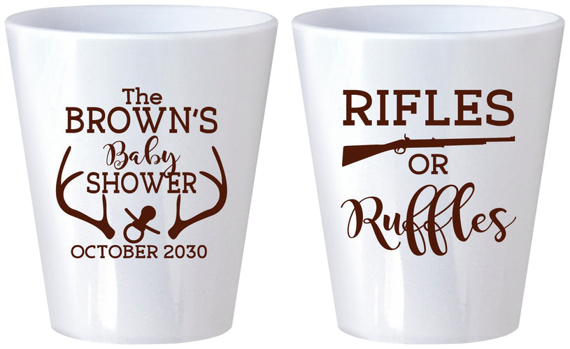 Custom Baby Shower Plastic Shot Glasses - Rifles Or Ruffles | 90122