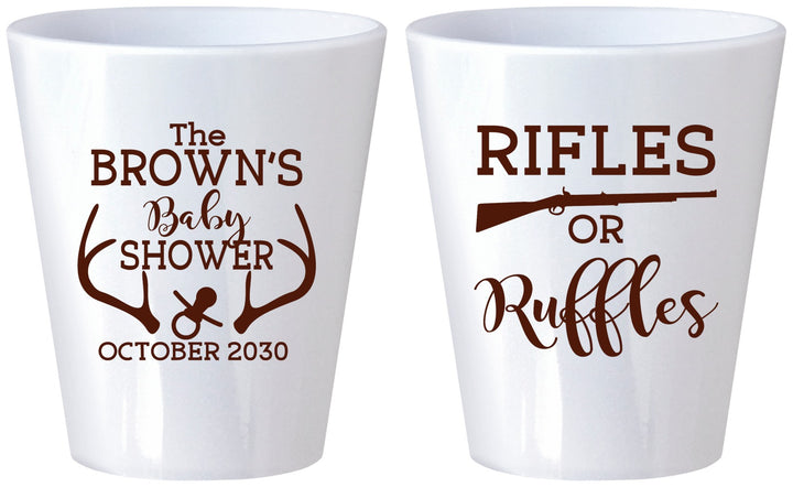 Custom Baby Shower Plastic Shot Glasses - Rifles Or Ruffles | 90122