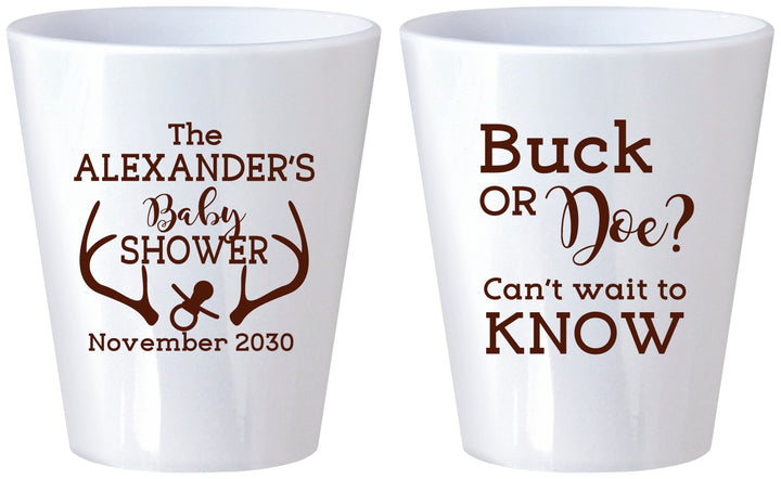 Custom Baby Shower Plastic Shot Glasses - Gender Reveal Buck Or Doe | 90131