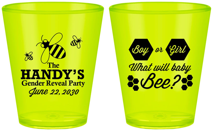Custom Baby Shower Plastic Shot Glasses - Gender Reveal Bee | 90152