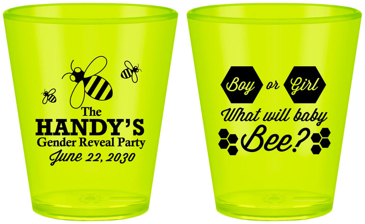 Custom Baby Shower Plastic Shot Glasses - Gender Reveal Bee | 90152